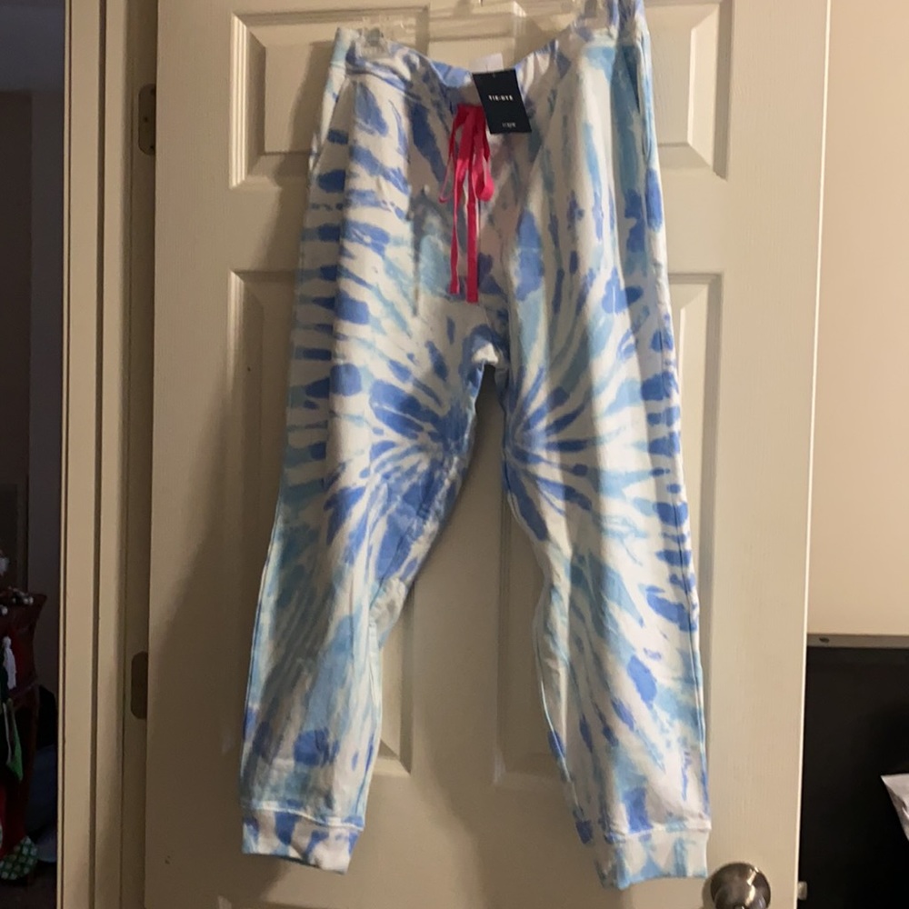 J. Crew Blue & White Tie-Dye Track Pants with Pink Drawstring - Picture 7 of 11